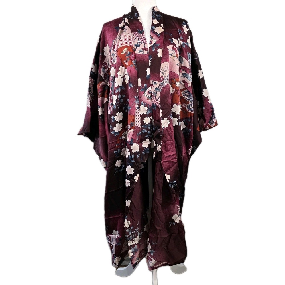 Marnky Tokyo Kimono Womens One Size Open Front Burgundy Floral Cherry‎ Blossom